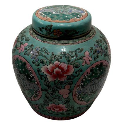 Čínská zelená uzavíratelná nádoba s bohatými floristickými malbami, která přináší do vašeho domova nádech orientální elegance.