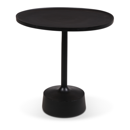 Kovový odkládací stolek s vyvýšenou hranou a stabilní základnou. Elegantní a praktický doplněk pro moderní interiér.